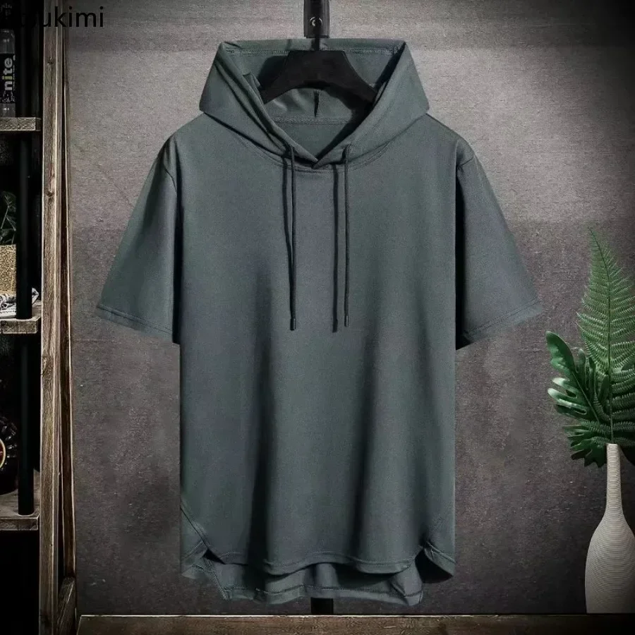 2024 Men\'s Summer Hoodies T-shirts Short Sleeve Solid Color Loose Hooded Drawstring Pullover Tops Basic Tees for Daily Wear Male