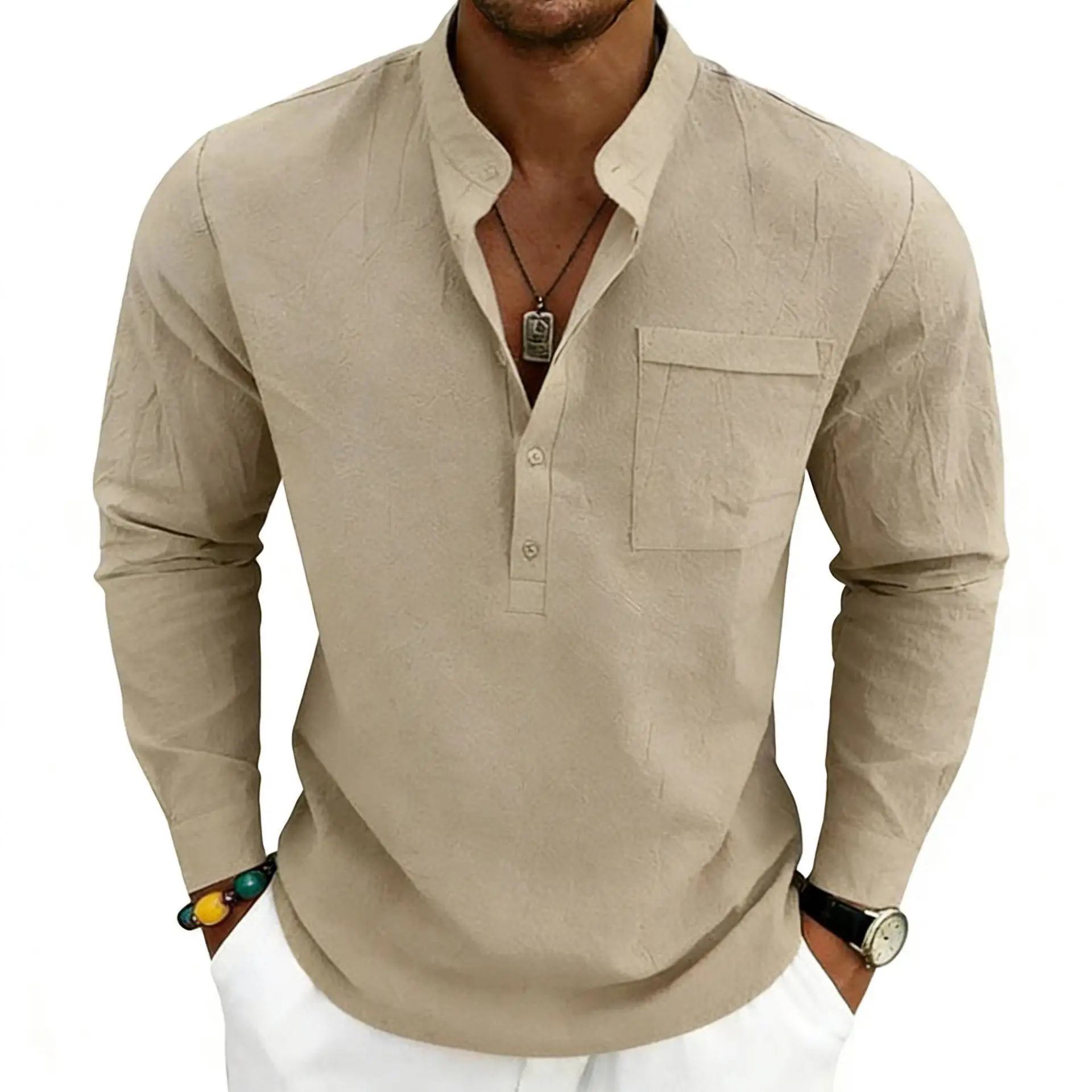 

Casual Long Sleeve Shirt Button up Loose Fit PU Leather Male Summer Fashion CleanFit Stand Collar Inner Wear Color