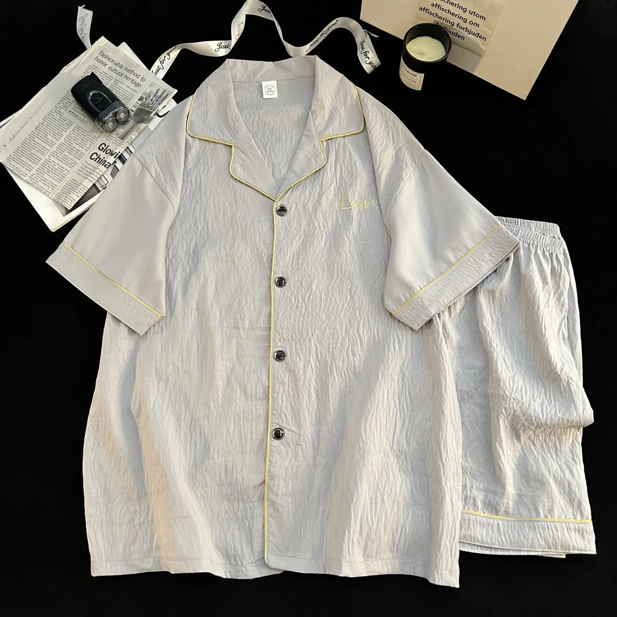 2 Pieces Set Cardigan Pajamas Set for Men Summer Thin Nightwear Short Sleeves Sleeping Top & Pant Sleepwear Male Pjs Pyjamas