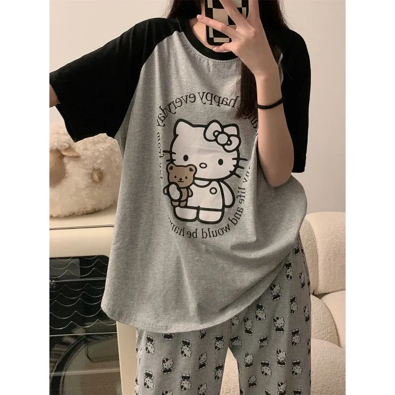 Sanrio Grey Hello Kitty Sleeper Pants for Summer Casual Wear Loose Spring and Autumn Long Home Pants