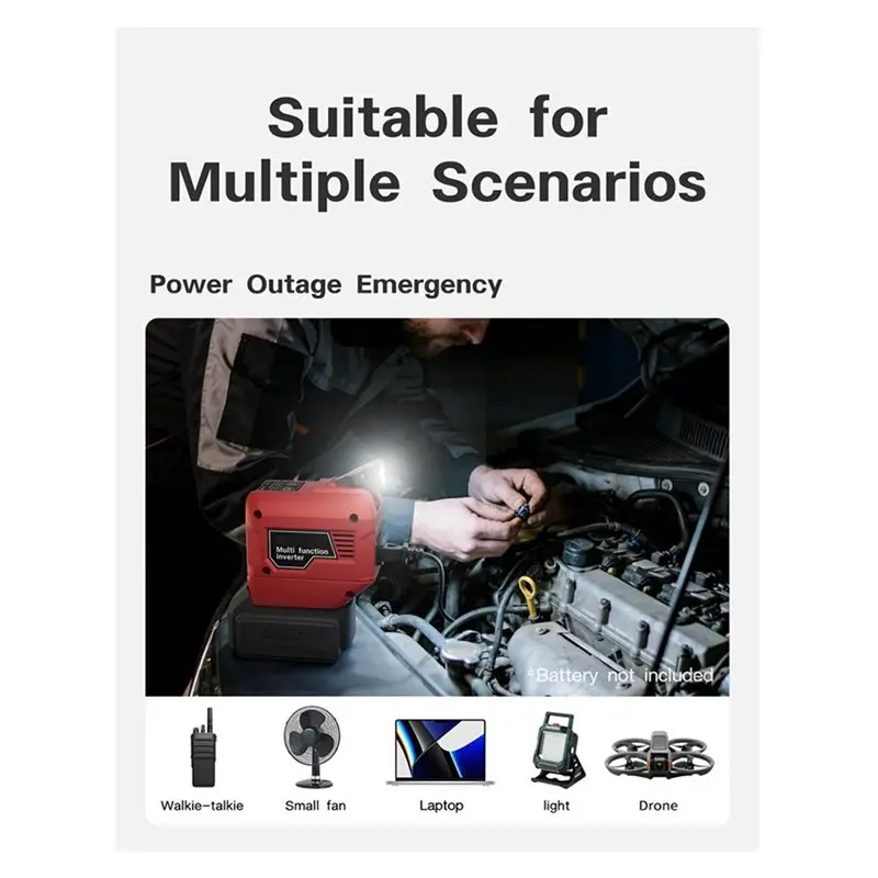 AT29-DC18V 250W Power Inverter Portable For Milwaukee 18V Battery, AC110V Output AC Outlet For Camping Emergency