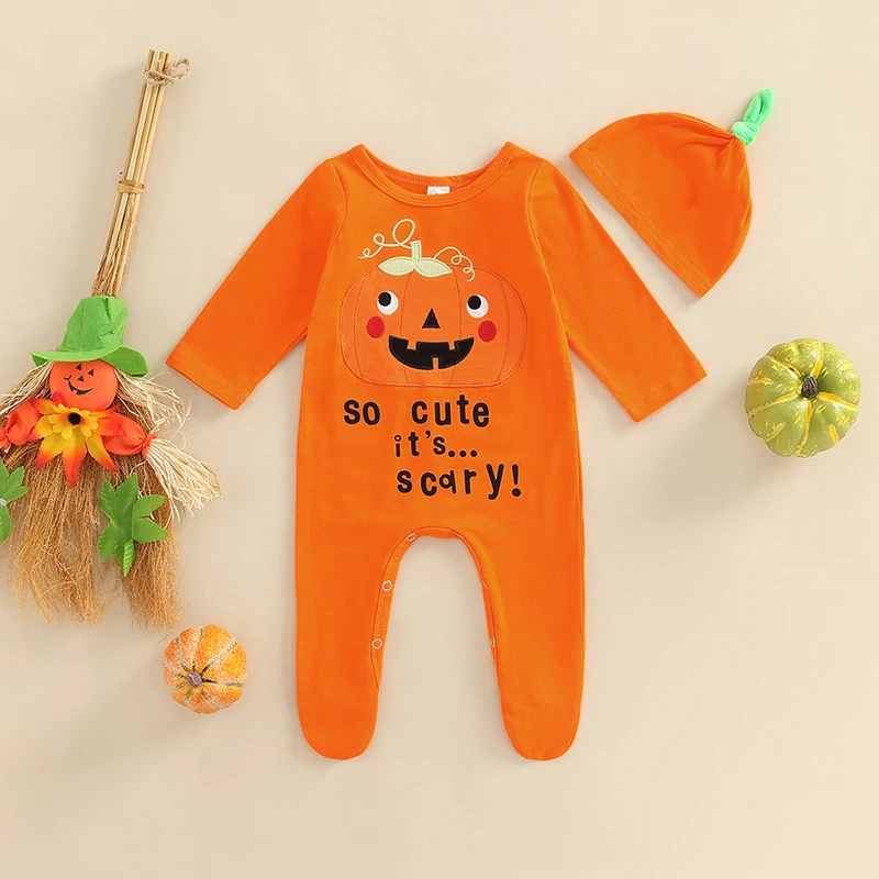 

Infant s Halloween Pumpkin Print Long Sleeve Footed Jumpsuit with Matching Hat for a Spooky Cute Look