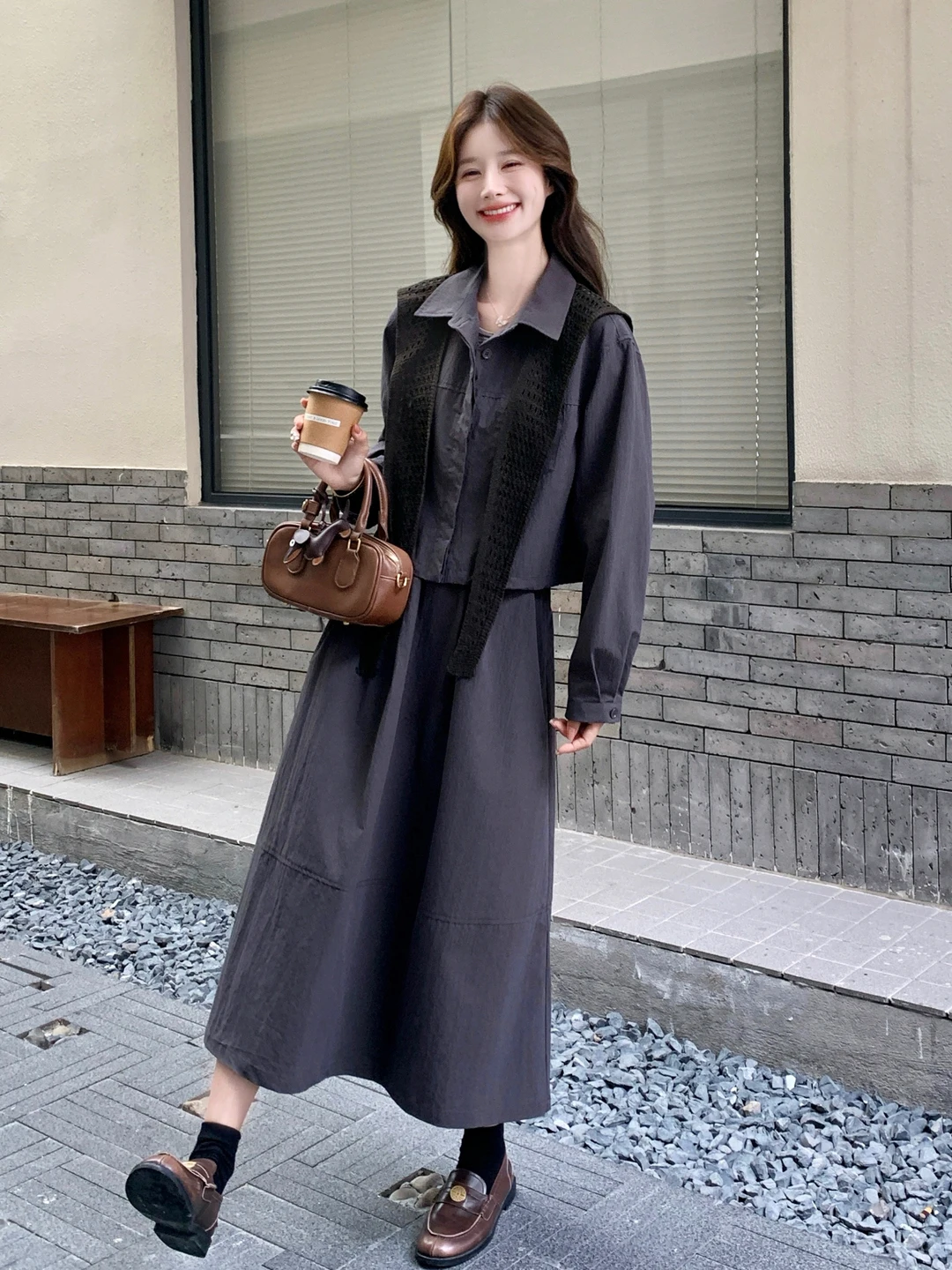 Conjunto de Casaco Casual com Botões Estilo Coreano e Saia de Cintura Alta, Conjunto Feminino da Moda Primavera Outono, Duas Peças, Manga Curta, Longo...