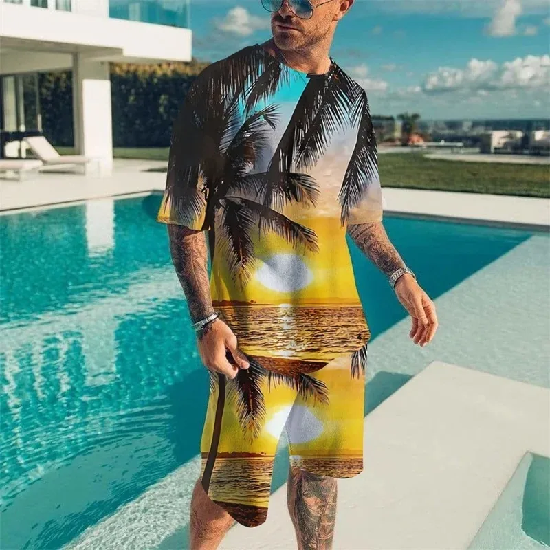 2025 Summer Beach T-shirt Shorts 2-piece Set Retro Casual Top Street Set 3D Printed Graffiti Style Hawaiian Men's Set