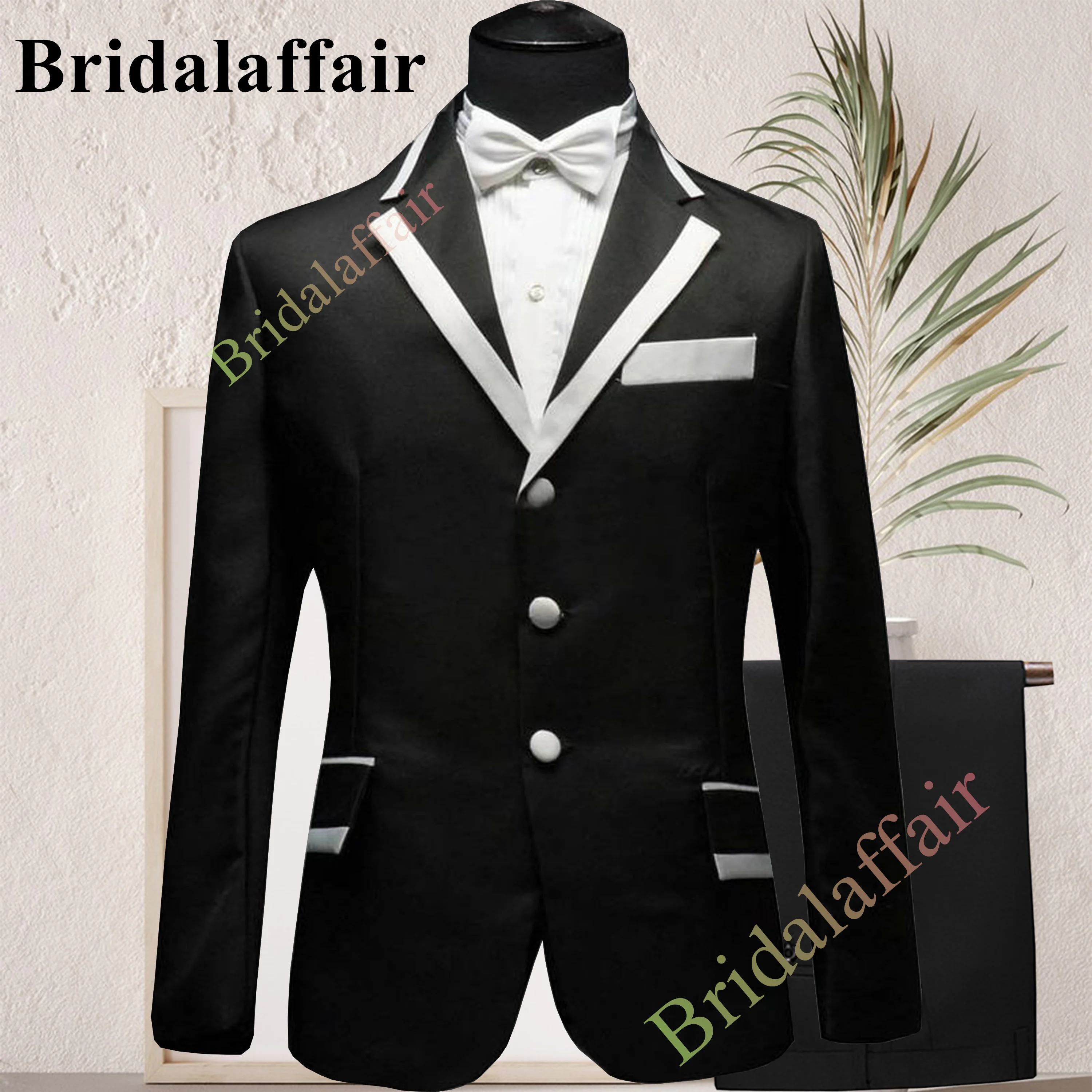 Bridalaffair Silver White Edging High Quality 3 Buttons Black Groom Tuxedos Groomsmen Notch Lapel Best Men Blazer Wedding Suits