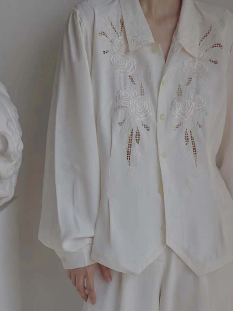 QOERLIN Chic Embroidered Floral Hollow Out White Shirt Luxury Spring Long Sleeve Blouse Elegant Bishop Sleeve Tops Office Ladies