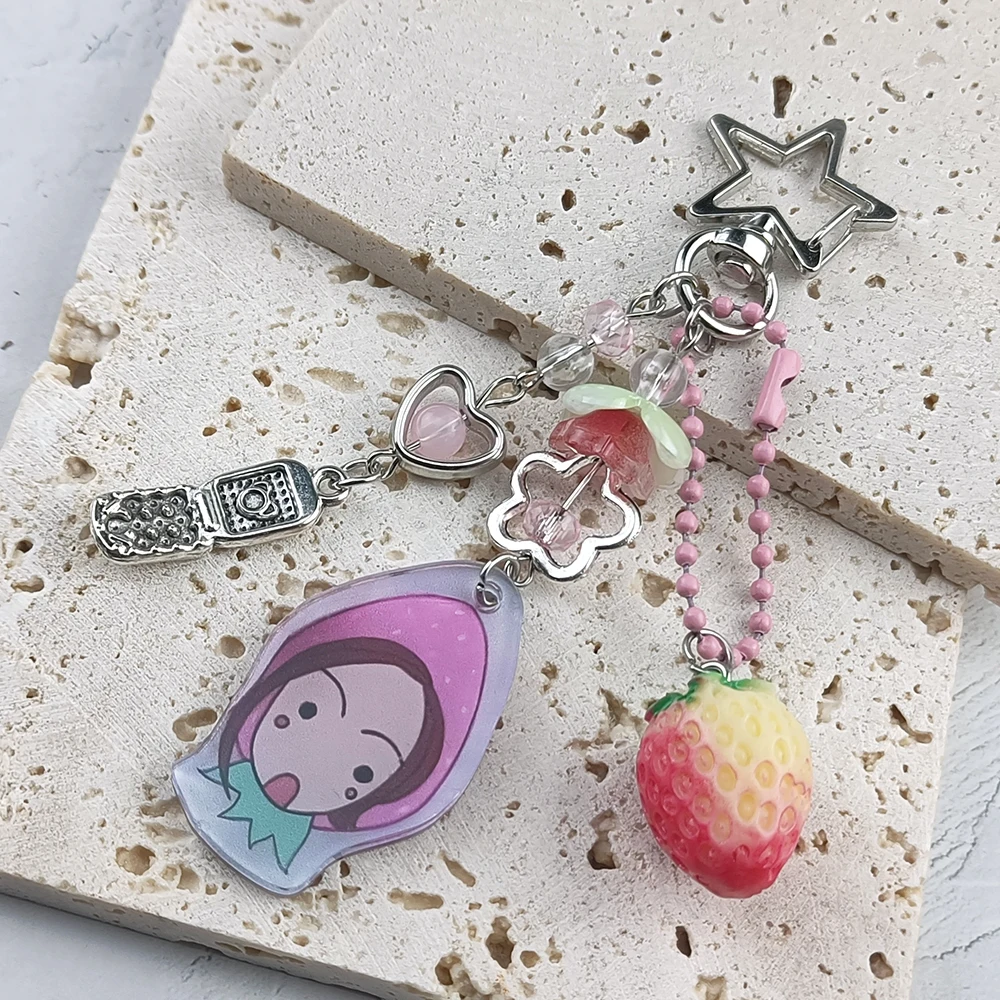 NANA Charming Strawberry Beaded Phone Lanyard - Y2K Style Acrylic Charm, Smooth Finish, Perfect Gift For Best Friends