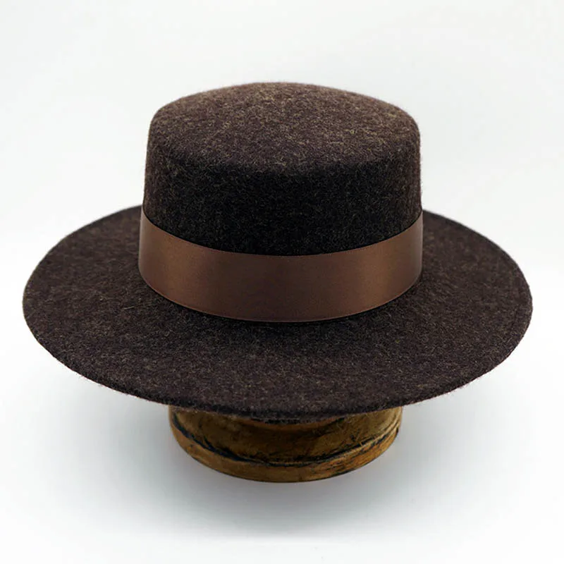 New Wool Felt Fedora Hat Boater Hat for Women Taupe Canotier Flat Top Wide Brim Winter Hat Belt fedora Hat stylish Gambler hat