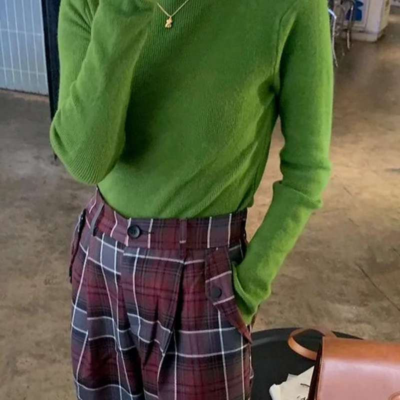 

Зеленый свитер с высоким воротником, женский шикарный эстетический трикотаж, минималистичный однотонный свитер в консервативном стиле, универсальный корейский стиль Mujer Ropa, популярный