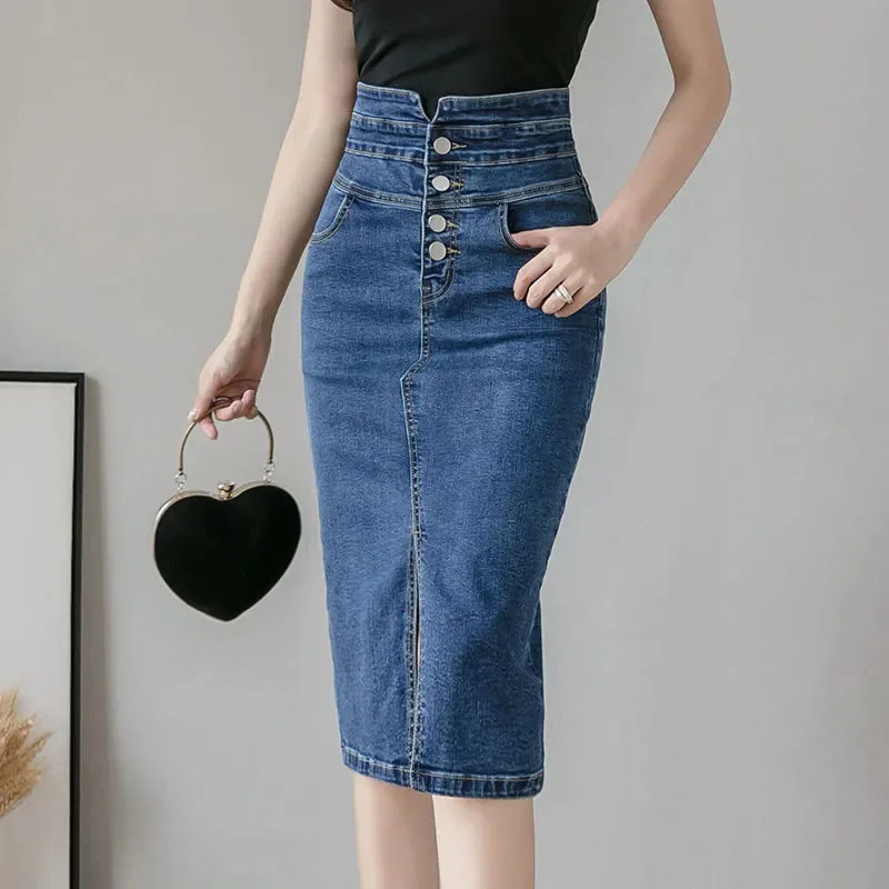 

Fashion Split Denim Skirt Woman 2023 Summer Korean Style High Waist Button Blue Midi Skirt Women Elegant Office A-line Skirts