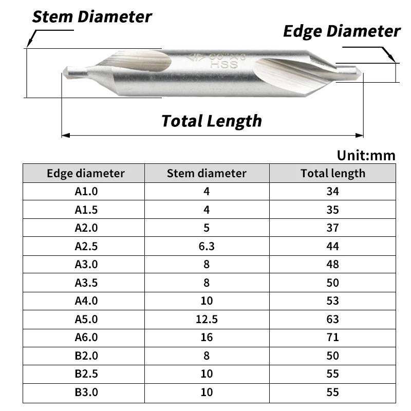 60 Degree Countersinks High Speed Steel A1.0/A1.5/A2.0/A2.5/A3.0/A4.0/A5.0/A6.0 Drill Bits Spiral Center Drill Processing Tool