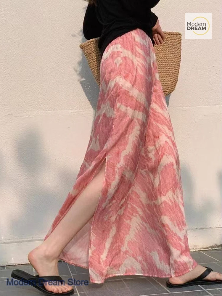 French-style pink design split skirt women's spring and summer new hip-covering slim temperament age-reducing Joker long skirt