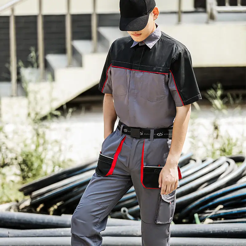 

Summer Working Clothes Set Men Factory Uniform Workshop Auto Repair Short-sleeve Shirt and Cargo Pants Suit Contrast Color