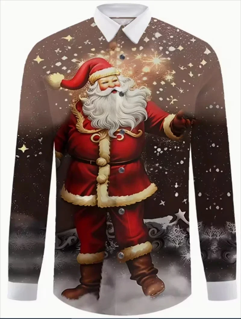 الرجال الاحتفال الأحمر مجموعة عيد الميلاد الحديثة الرجال طويلة الأكمام التلبيب هدية السنة الجديدة كتلة اللون ثلاثية الأبعاد طباعة قميص طويل الأكمام #4