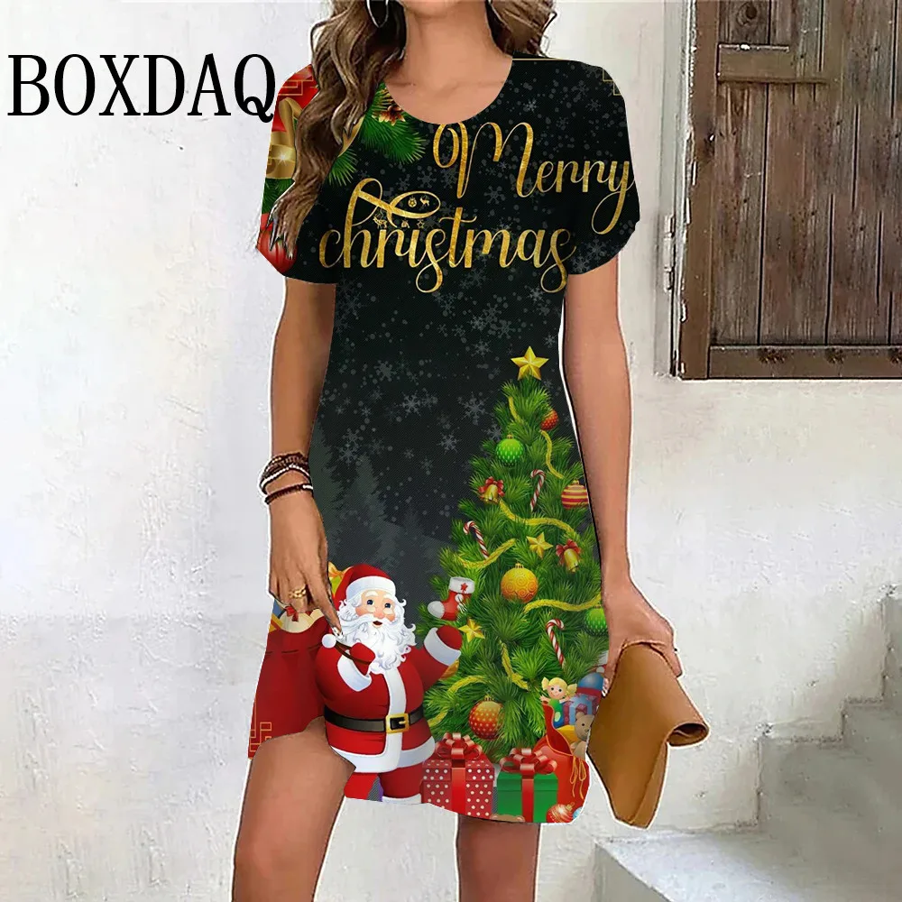 

2024 Christmas Tree Print Women Party Mini Dress Sweet Funny Cute Santa Claus Women's Dress Fashion Short Sleeve A-Line Dresses