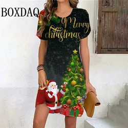 2024 Christmas Tree Print Women Party Mini Dress Sweet Funny Cute Santa Claus Women's Dress Fashion Short Sleeve A-Line Dresses