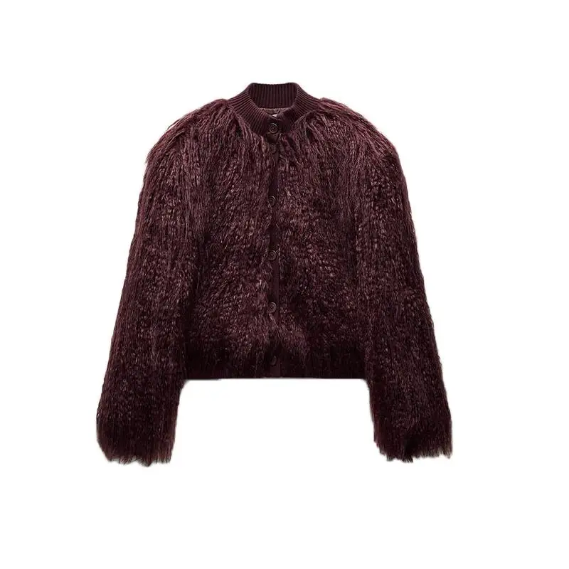 Autumn Winter New Women's round Ne Long Sve Single Button Artificial Fur Effect Knitted Jaet Straight Cut ort Length