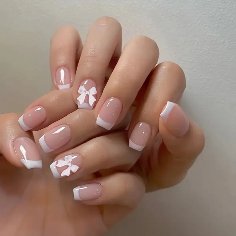 

24pcs Square Press on Acyrlic Nails Simple White French Fake Nails Sweet Bow Decoration False Nails Women Prosthetic Nail Set