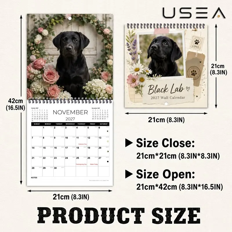 2027 Wall Calendar, 12-Month Black Lab Planner with Habit Tracker,US Holidays, Moon Phases, Wildflower Boho Farmhouse Design