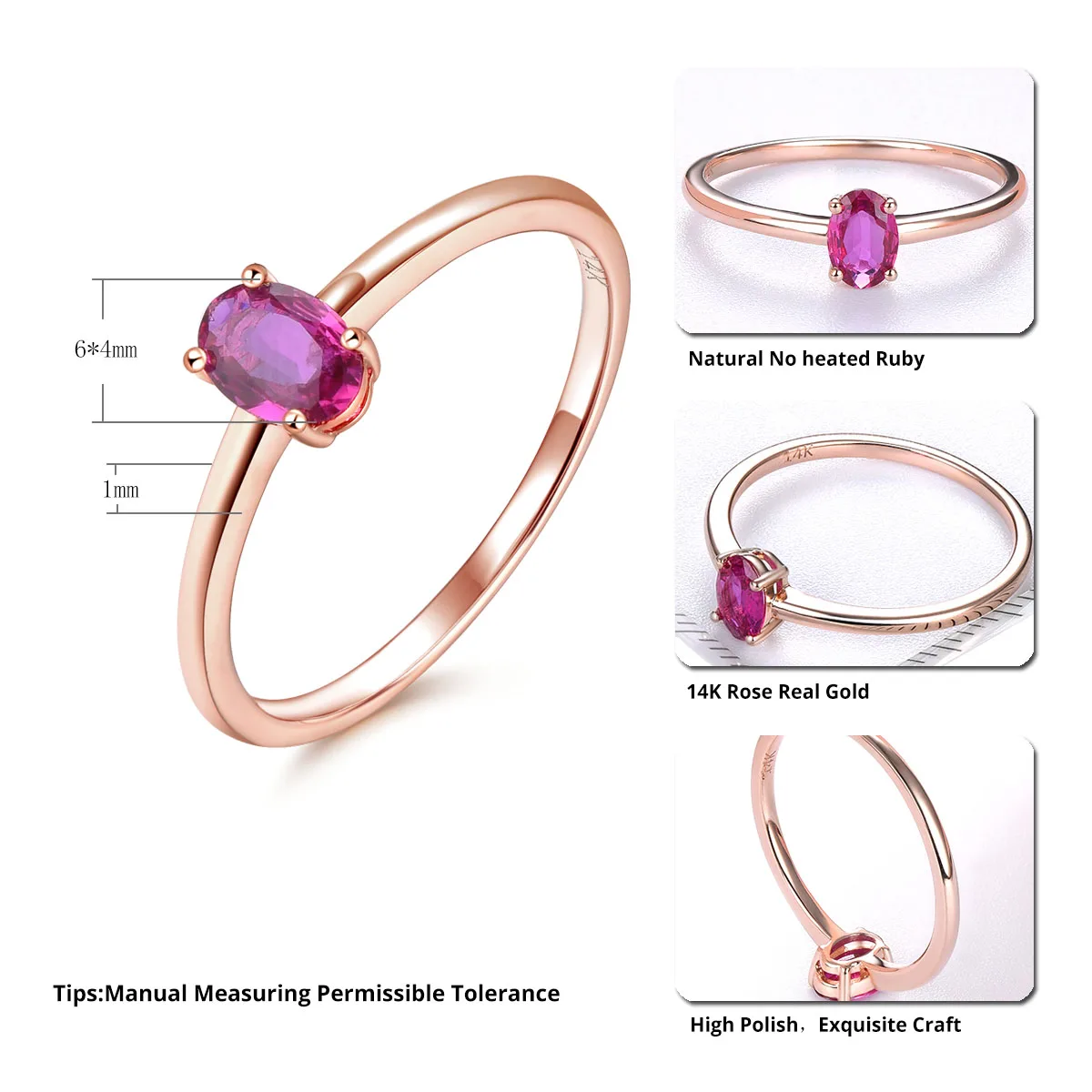 Lohaspie Natural No Heated Ruby Ring 14K Rose Gold Fine Jewelry Oval Cut 6mm*4mm Precious Gemstone Rings for Christmas Gift