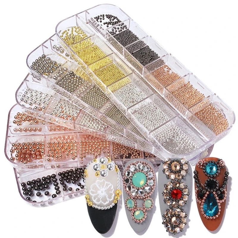 12 Grids Micro Steel Beads Multicolor Nails Art DIY Embellishment Decorations for Women Girls