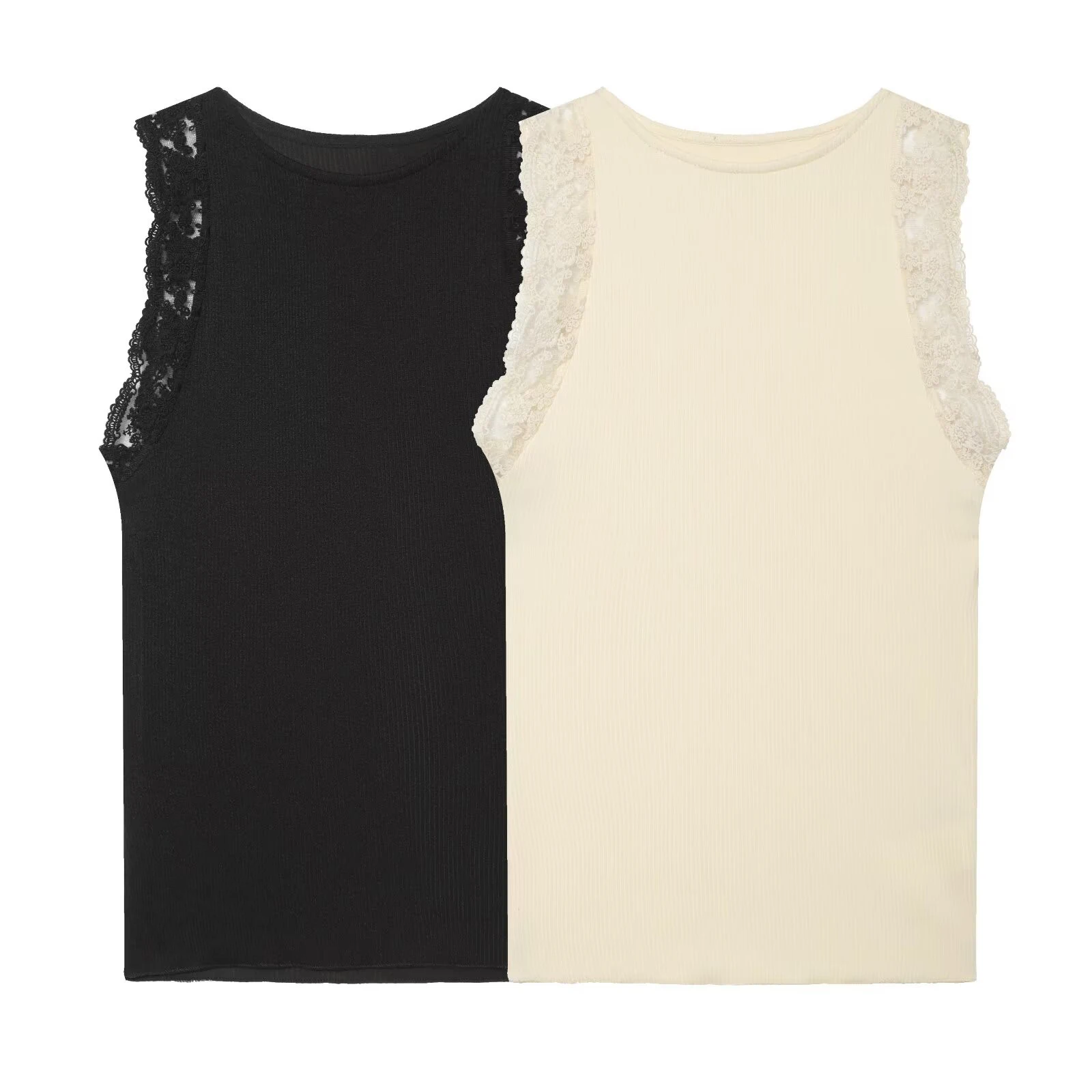 European and American style summer sexy style lace patchwork hanging neck vest women's black slim fit sleeveless knitted top