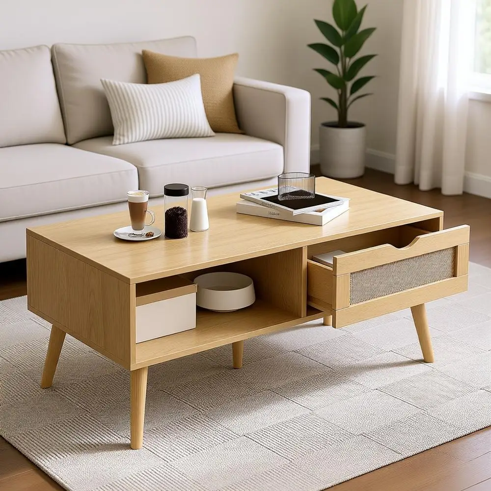 

Журнальный столик с местом для хранения, обеденный стол в стиле бохо с ротанговой кромкой и ножками из массива дерева, маленькие журнальные столики для гостиной, дуб