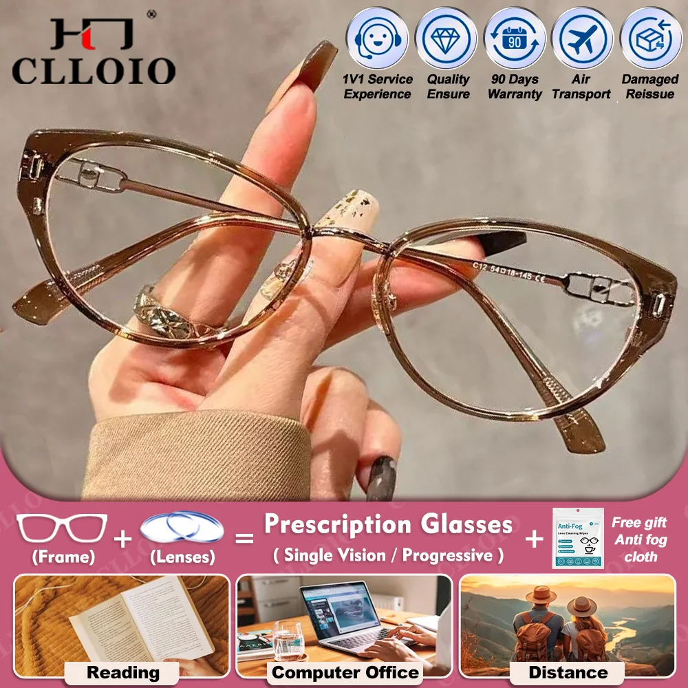

CLLOIO Retro Casual Cat Eye Myopia Hyperopia Prescription Glasses Cat Eye Frame Women Anti Blue Ray Multifocal Reading Eyeware