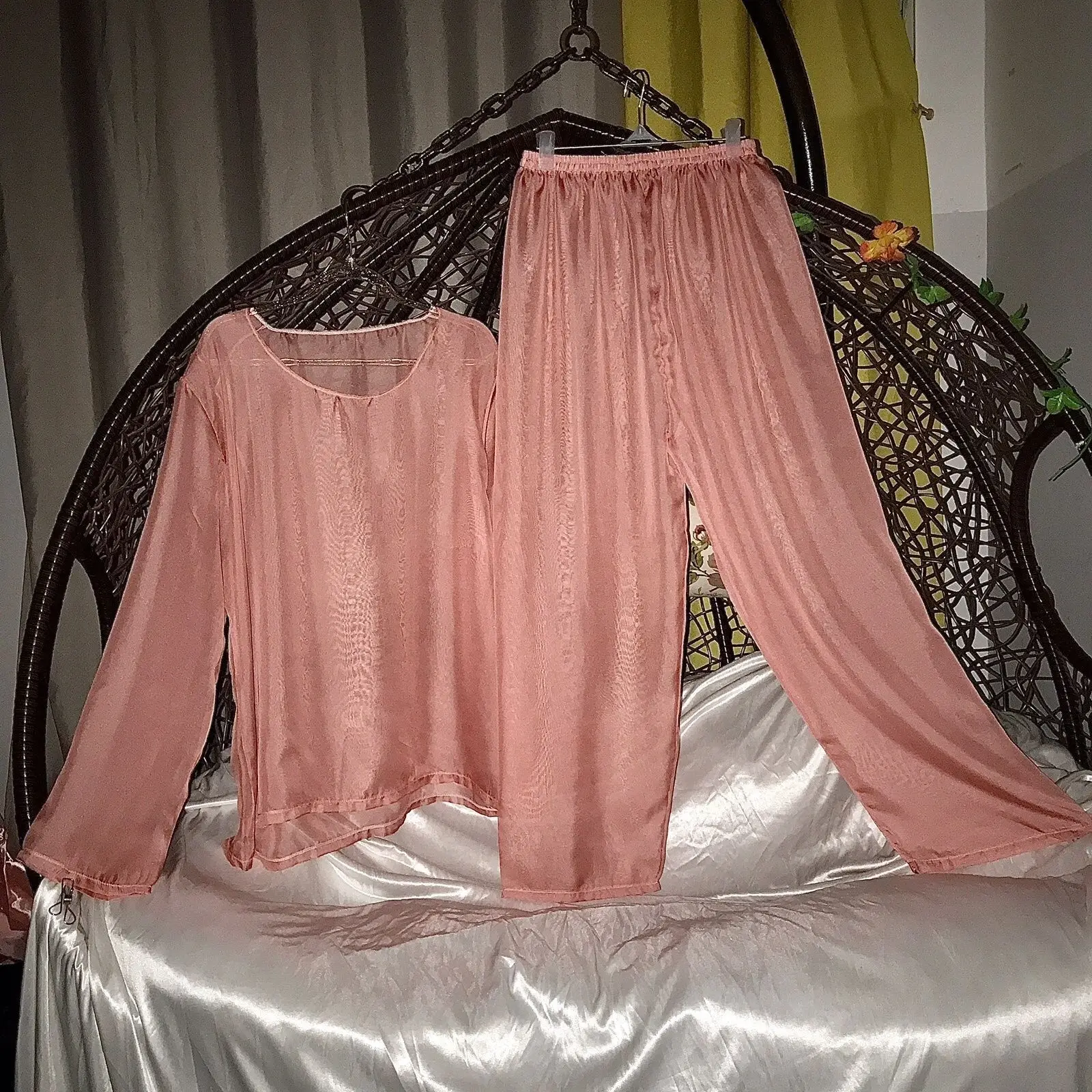 طقم مكون من قطعتين من شبكة تول لامعة للجنسين بأكمام طويلة وسراويل نوم سفلية #3