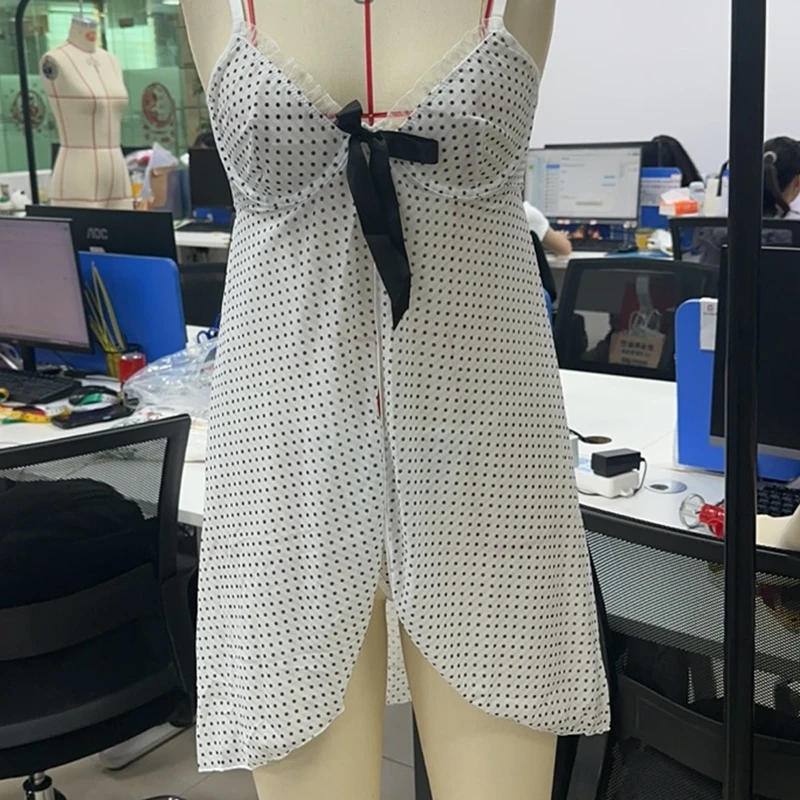 

Женское озорное платье без рукавов с открытой спиной и точечным принтом, ночное платье на бретельках со стрингами