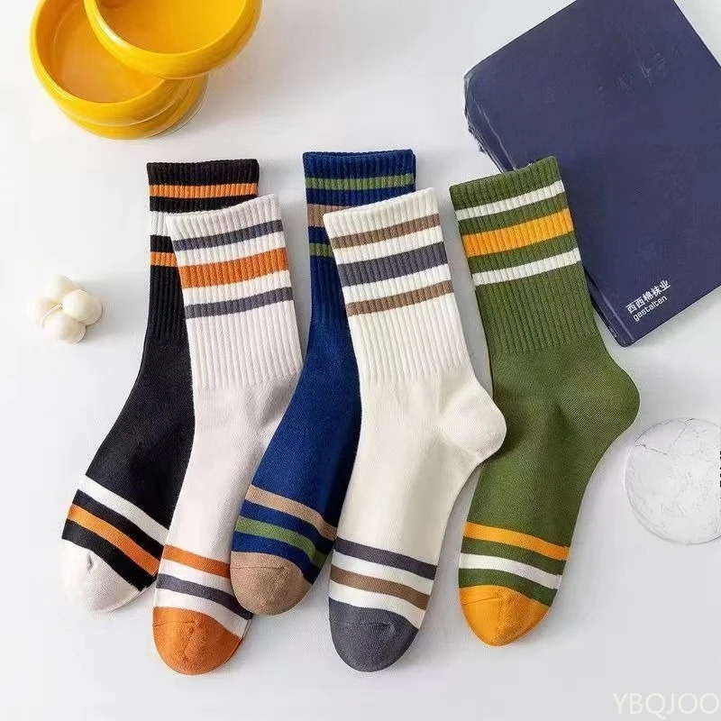

5 Pairs of High Looks, Mid Tube, Seasonal Trend Versatile Striped Men's Socks Sports Breathable Fashionable Men's Socks 2025