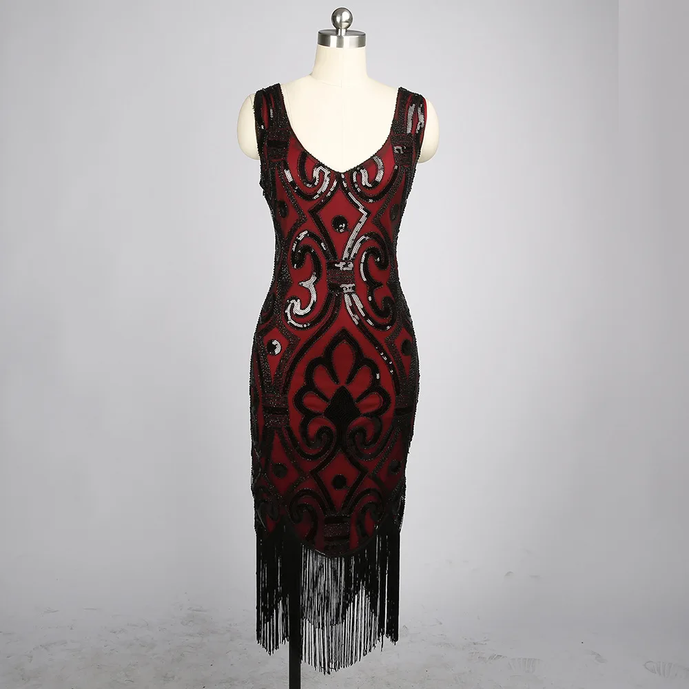 여성용 하이 엔드 술 드레스 빈티지 1920 년대 스팽글 페르시 v 넥 술 패션 댄스 파티 플러스 사이즈 우아한 Bodycon Vestido Dress