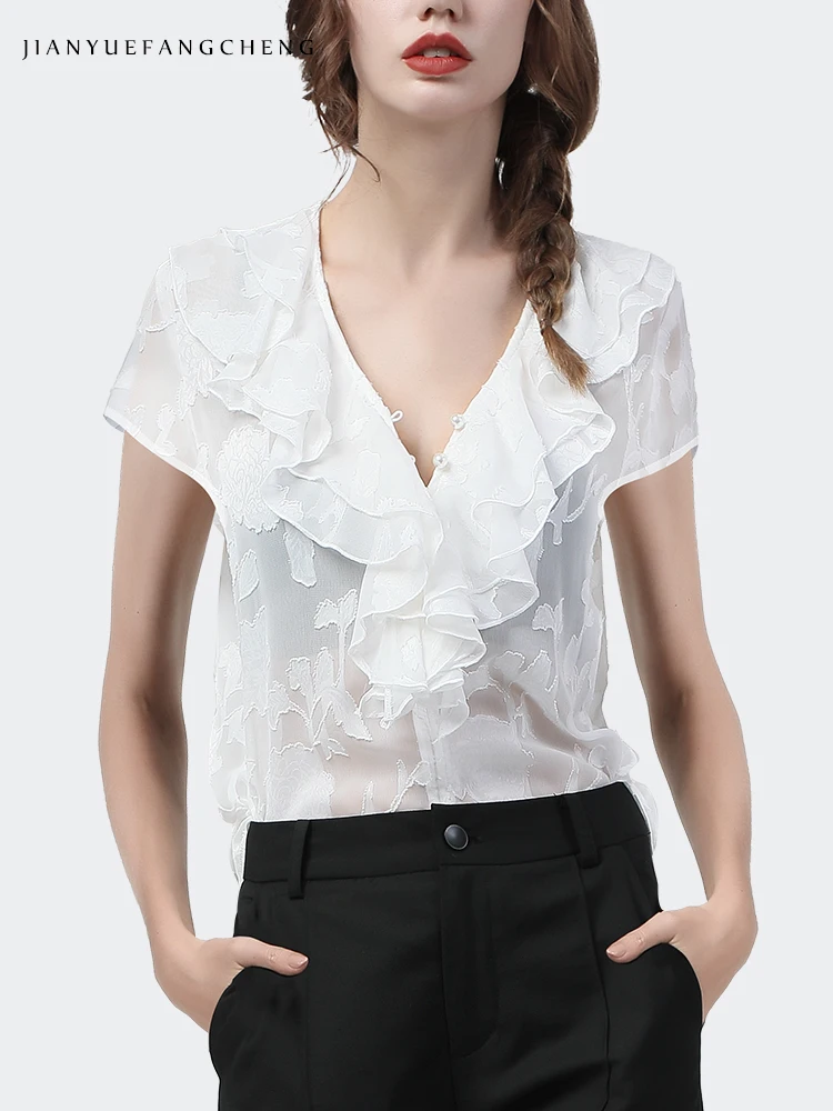 Ladies Embroidery Floral Blouse Sexy See Through Long Lantern Sleeve V-Neck Ruffles Top Beaded Plus Size Women Chiffon Blouses