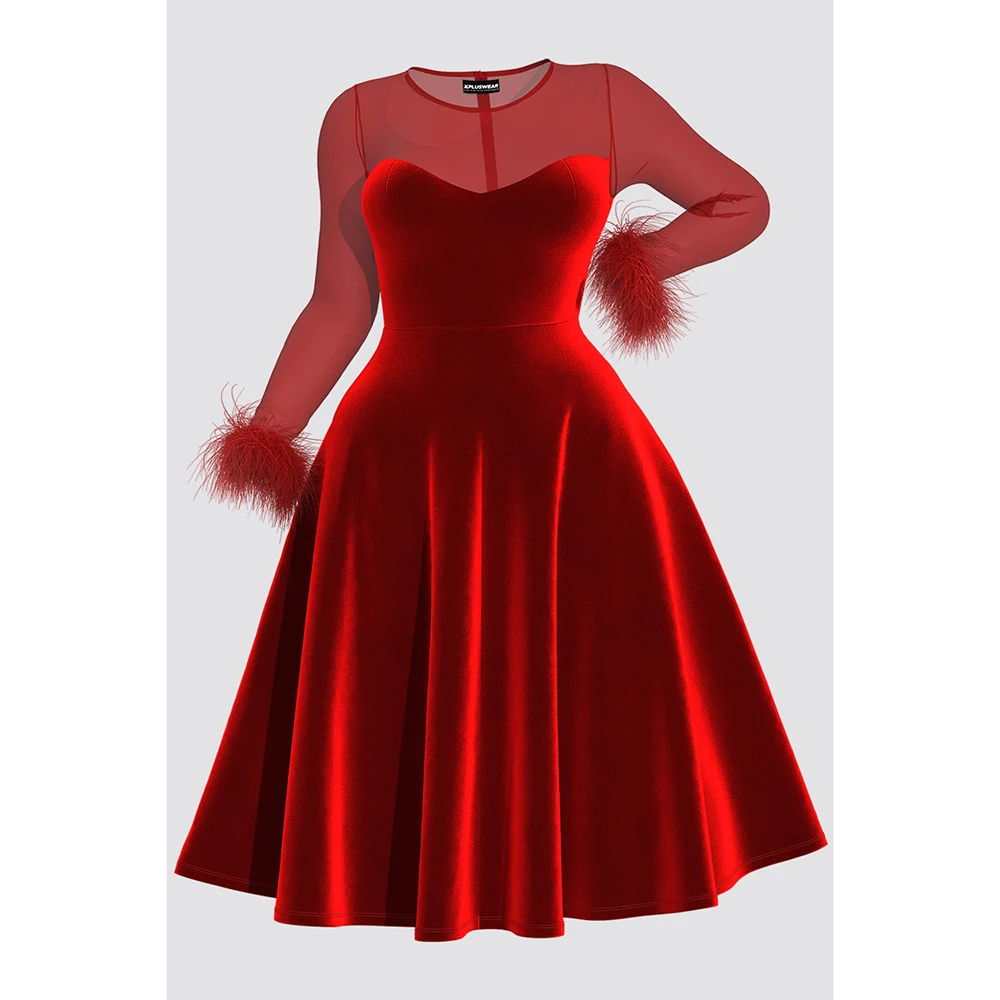 Plus Size Christmas Red Cocktail Party Dresses Elegant Fall Winter Crew Neck Long Sleeve See Through Velvet A-line Midi Dress