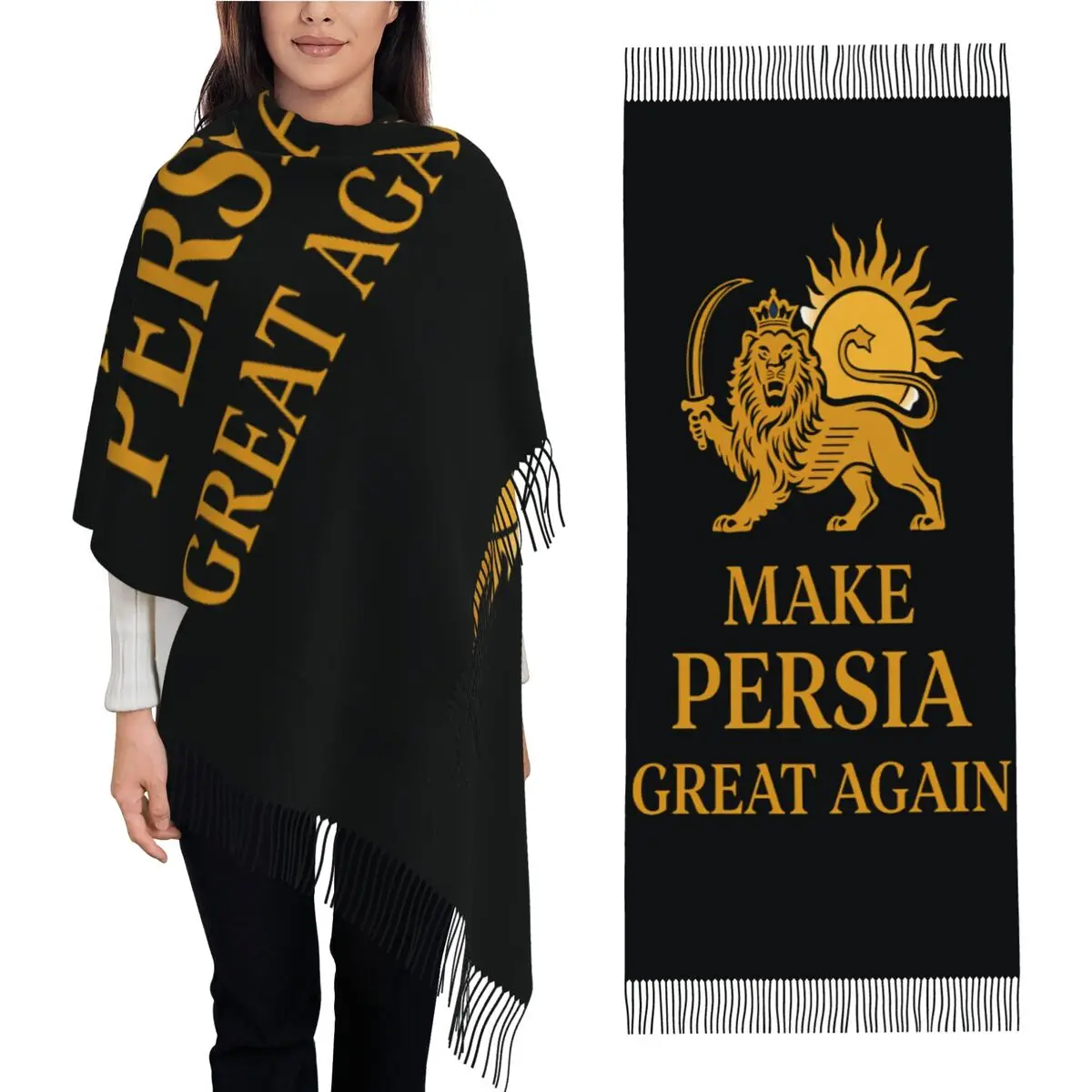 

Make Iran Great Again Scarf with Long Tassel Iranian National Emblem Gold Lion Warm Shawl Wrap Female New Large Scarves Foulard
