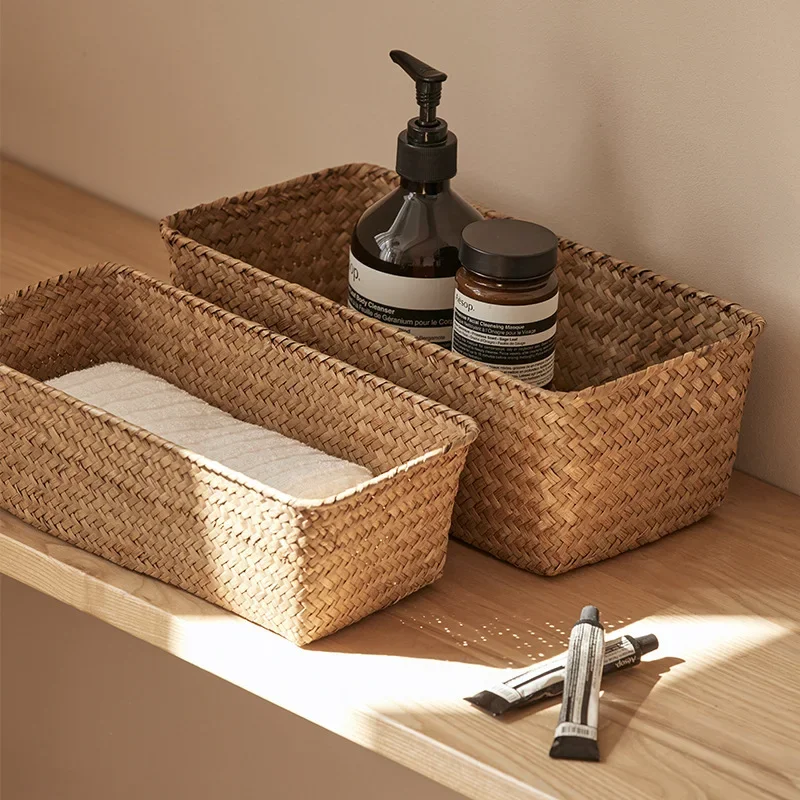 Bathroom Storage Basket Home Storage Basket Box Grass Woven Rectangular Storage Container Sundries Kitchen Drawer Organizer