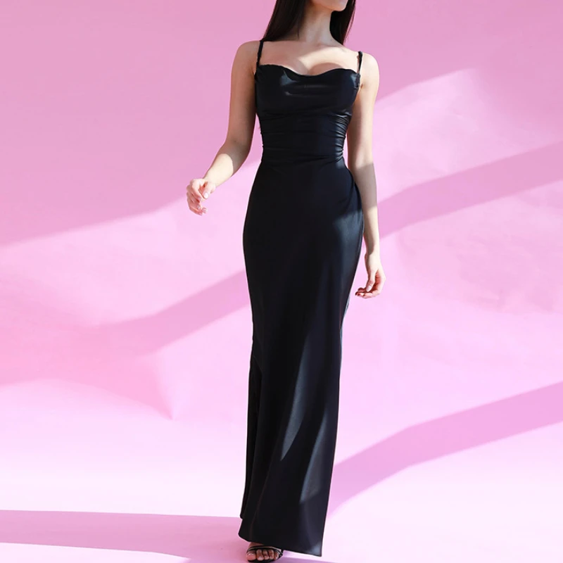 DGLUKE Criss Cross Bandage ยาวชุดซาตินผู้หญิงสปาเก็ตตี้สายคล้องคอ Maxi ชุดฤดูร้อน Elegant Party Dresses Y2K