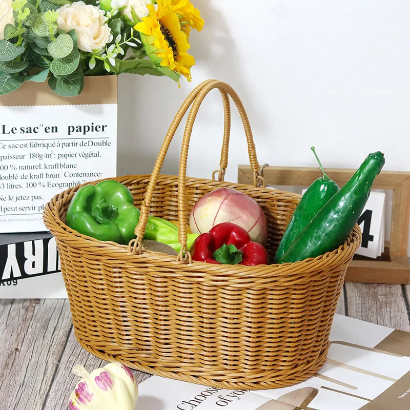 Cesta tejida de plástico con flor de vid, almacenamiento de pan portátil tejido a mano, asas para compras al aire libre, cesta de regalo para decoración del hogar