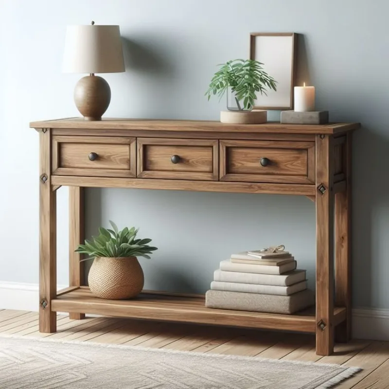The smallest wooden console table with clean lines is suitable for a modern inspired living space