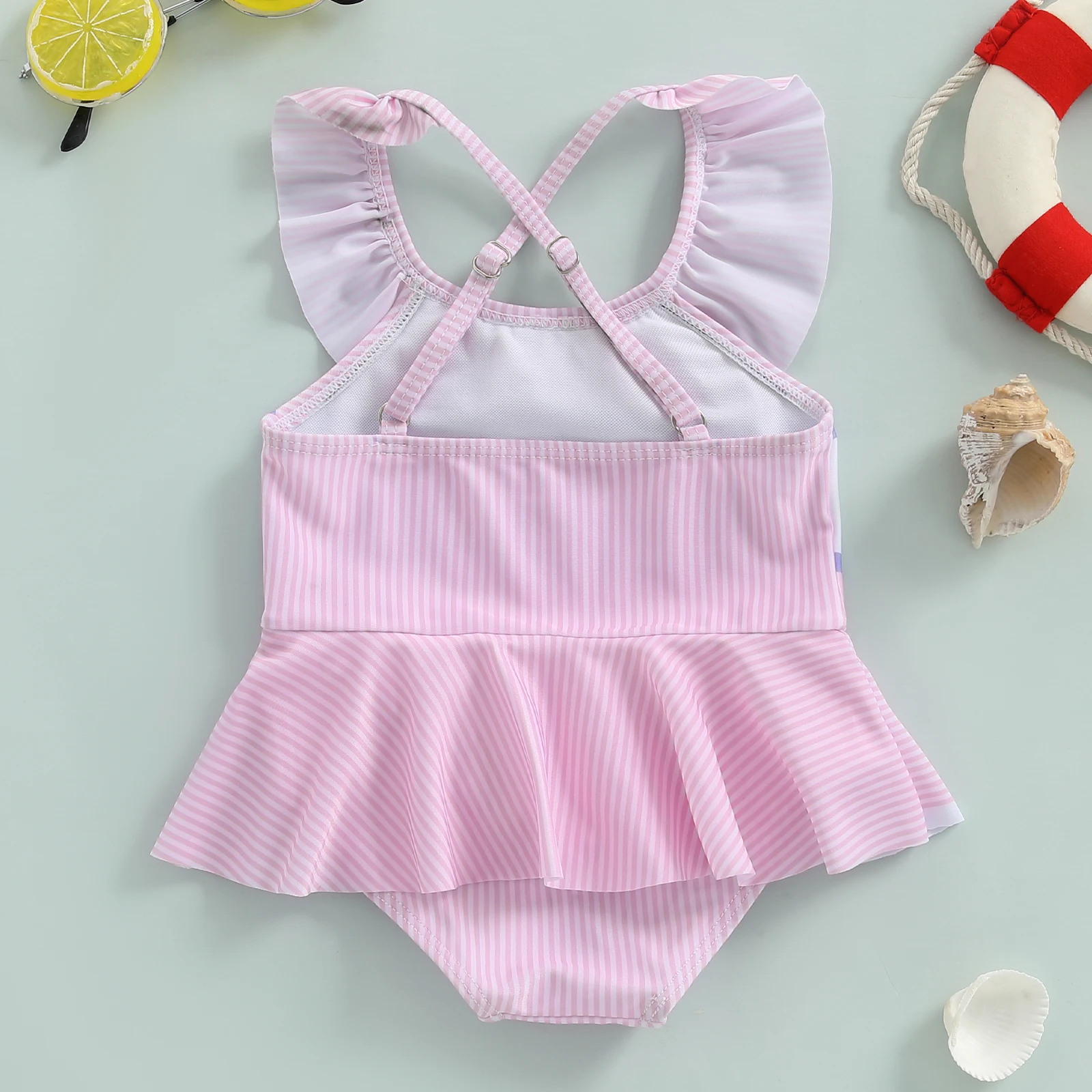 

Baby Girls Swimwear Cute Octopus Print Striped Ruffled Sleeveless Bathing Suits