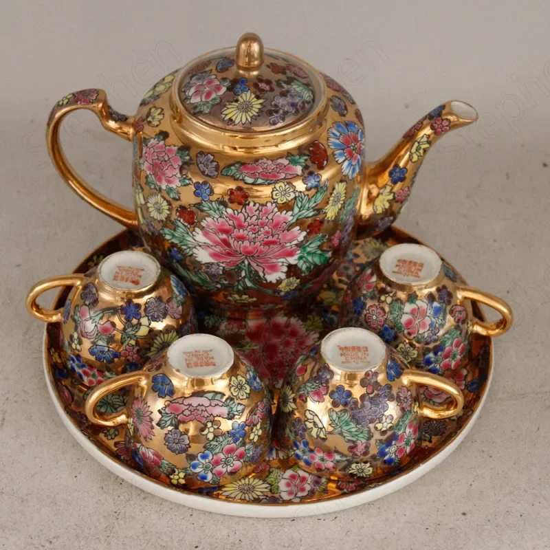 Golden Kaleidoscopic Enamel Ceramic Kung Fu Tea Set European Classical Royal Porcelain Six Piece Set Tea Sets Home Decoration