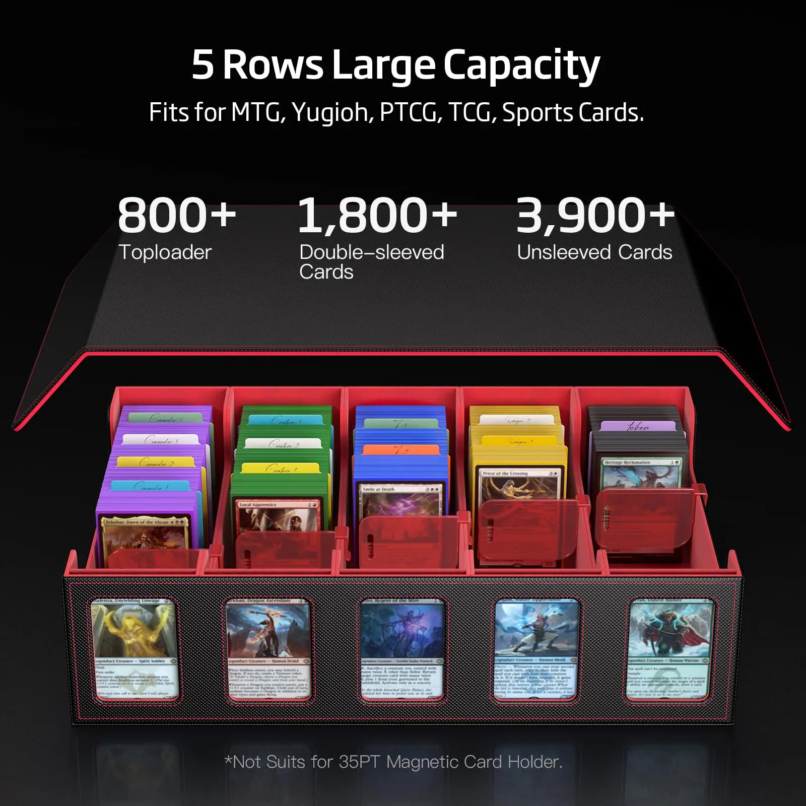 Trading Card Storage Box 5-Row 3900+ Capacity,TCG MTG Card Case with Magnetic Lid & Commander Display,Top Loader Storage for Sports Cards,Includes Dividers Dice Box view 3