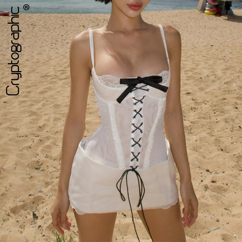 

Cryptographic Sexy & Club Mini Dresses Lace Bodycon Skinny Club Party Sleeveless Knitted Dress V Bar Beach Holiday