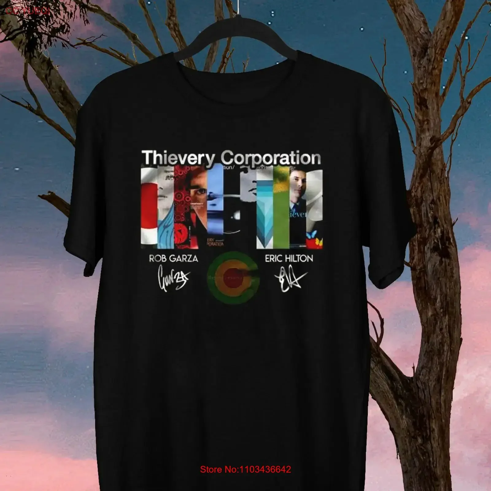 Camiseta Thievery Corporation con firmas de Rob Garza y Eric Hilton, negra, todas las tallas, AT74, estilo vintage, lavada, suave, informal, transpirable