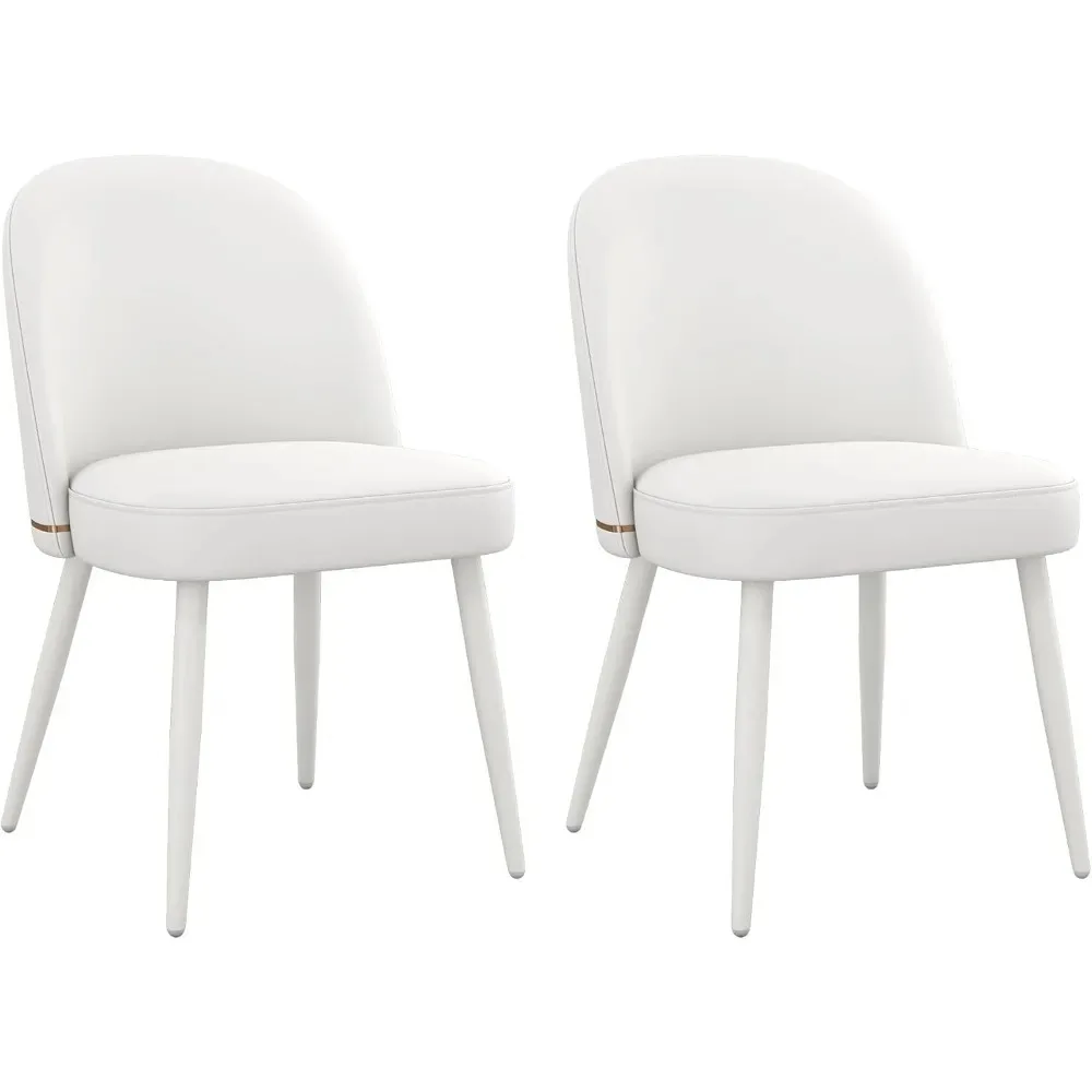 Set di 2 sedie da pranzo moderne in pelle PU, sedie da cucina imbottite, sedie laterali senza braccioli con schienale curvo e metallo bianco Le