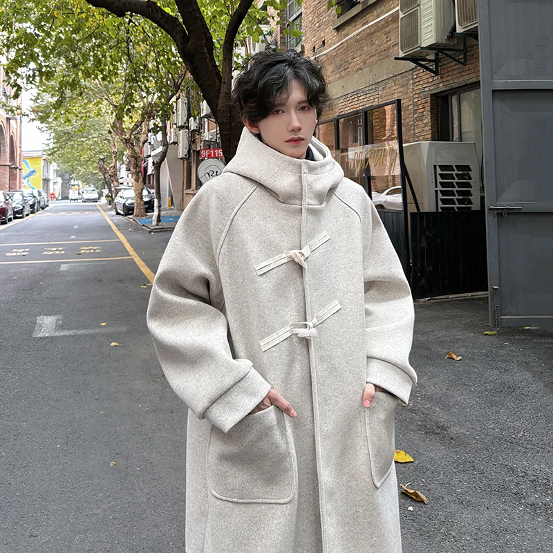 

LAPPSTER Korean Fashion Woolen Hooded Long Trench Coat Winter Harajuku Wool Coats Streetwear Overcoat Windbreaker Jackets Coats