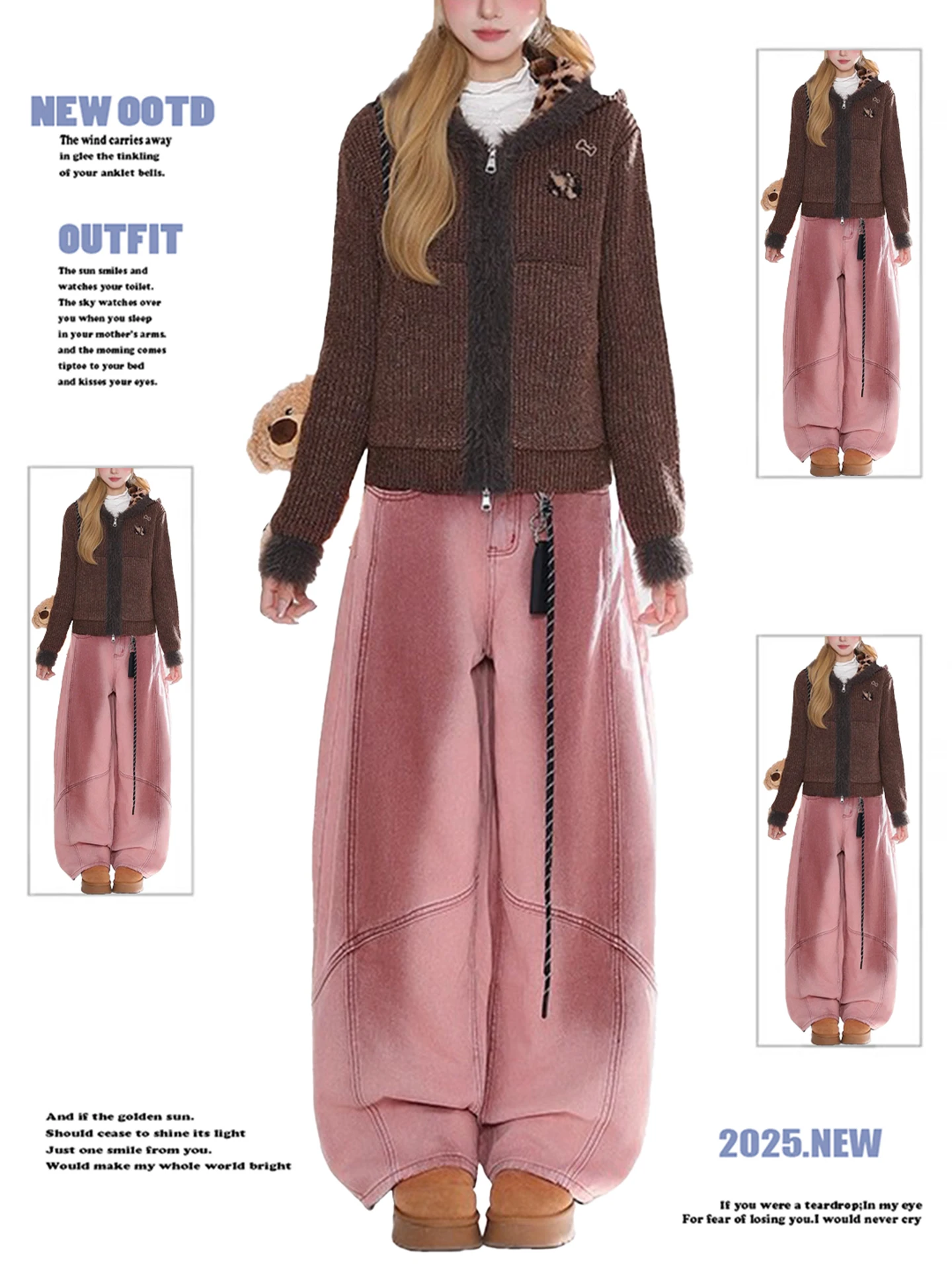 

plus Size Women's American Sle Pink Denim Pants High Waist Wide Leg Pants Pear ape Body Slimming Cotton Trousers