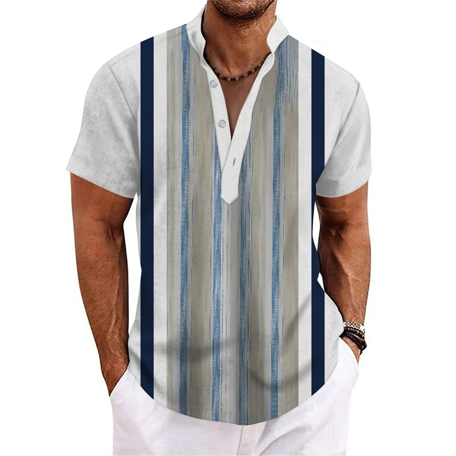 

High Quality Striped Men's Personalized Stand Up Collar Short Sleeved Shirt Sports And Casual Short Sleeved Shirt WG14