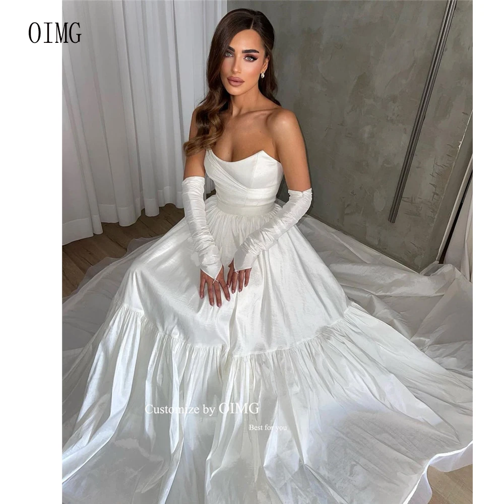 

OIMG Sexy A Line Wedding Dresses Strapless Taffeta Bride Dress Arabic Women Bridal Gowns Simple Sweep Train 2024 Robe de mariage