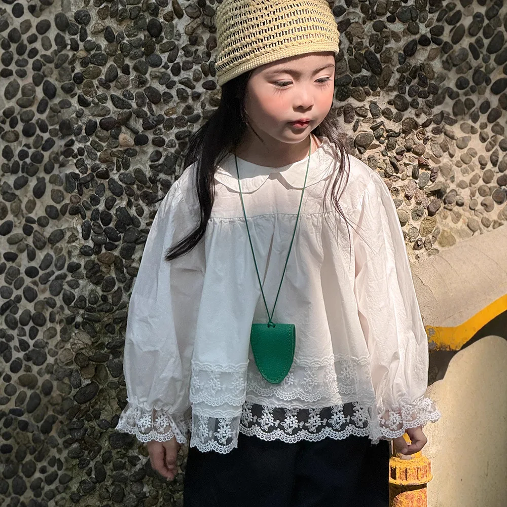 

Children 2025 Autumn Children's Korean Casual Solid Color Simple Shirt Long Sleeve Round Neck Doll Shirt Lace Splicing Shirt